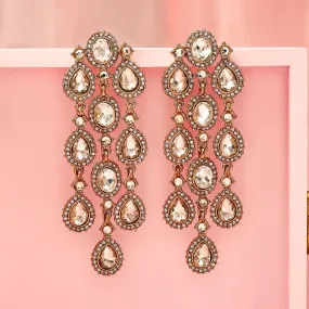 Rubans 22K Gold Plated White Cubic Zirconia Studded Cascading Premium Chandelier Earrings