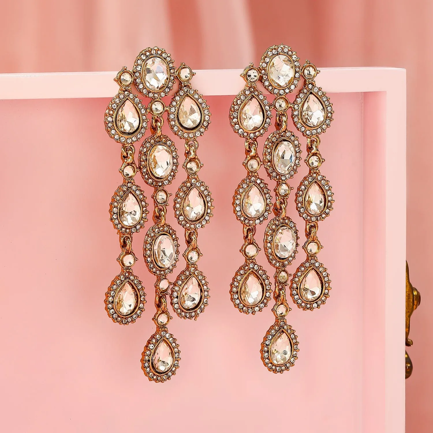 Rubans 22K Gold Plated White Cubic Zirconia Studded Cascading Premium Chandelier Earrings