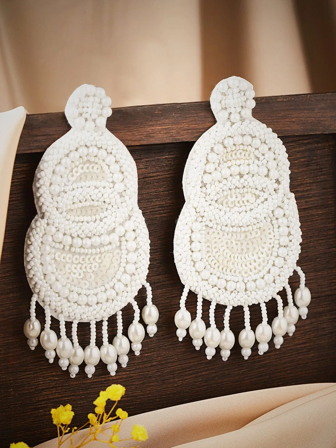 Rubans Fabric White Beads Handmade Chandelier Earrings