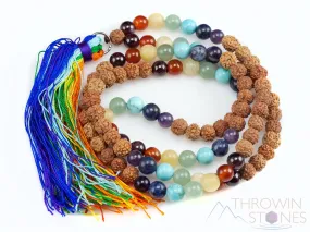 RUDRAKSHA & CHAKRA Crystal Necklace, Mala - Handmade Jewelry, Beaded Necklace, Healing Crystals and Stones, E0979