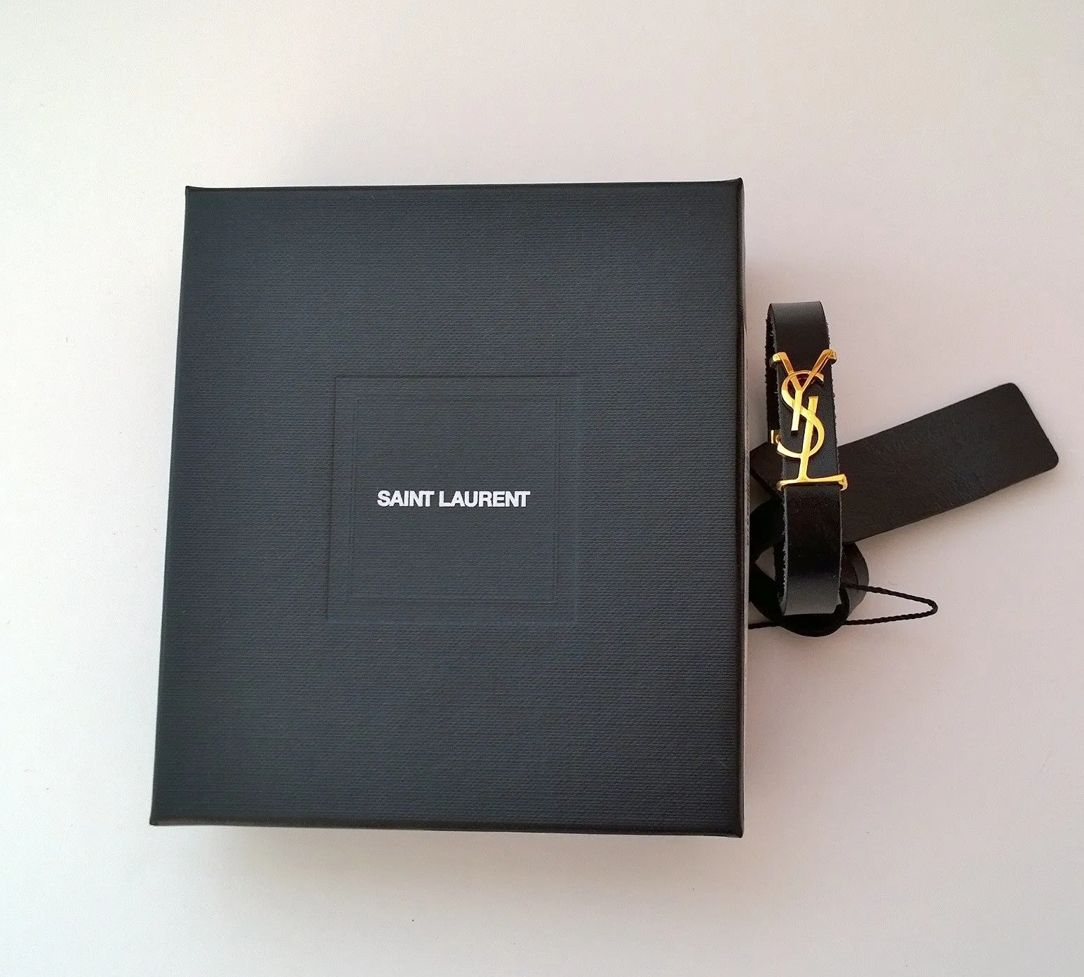 Saint Laurent Opyum YSL Logo Black Leather Bracelet Gold Tone