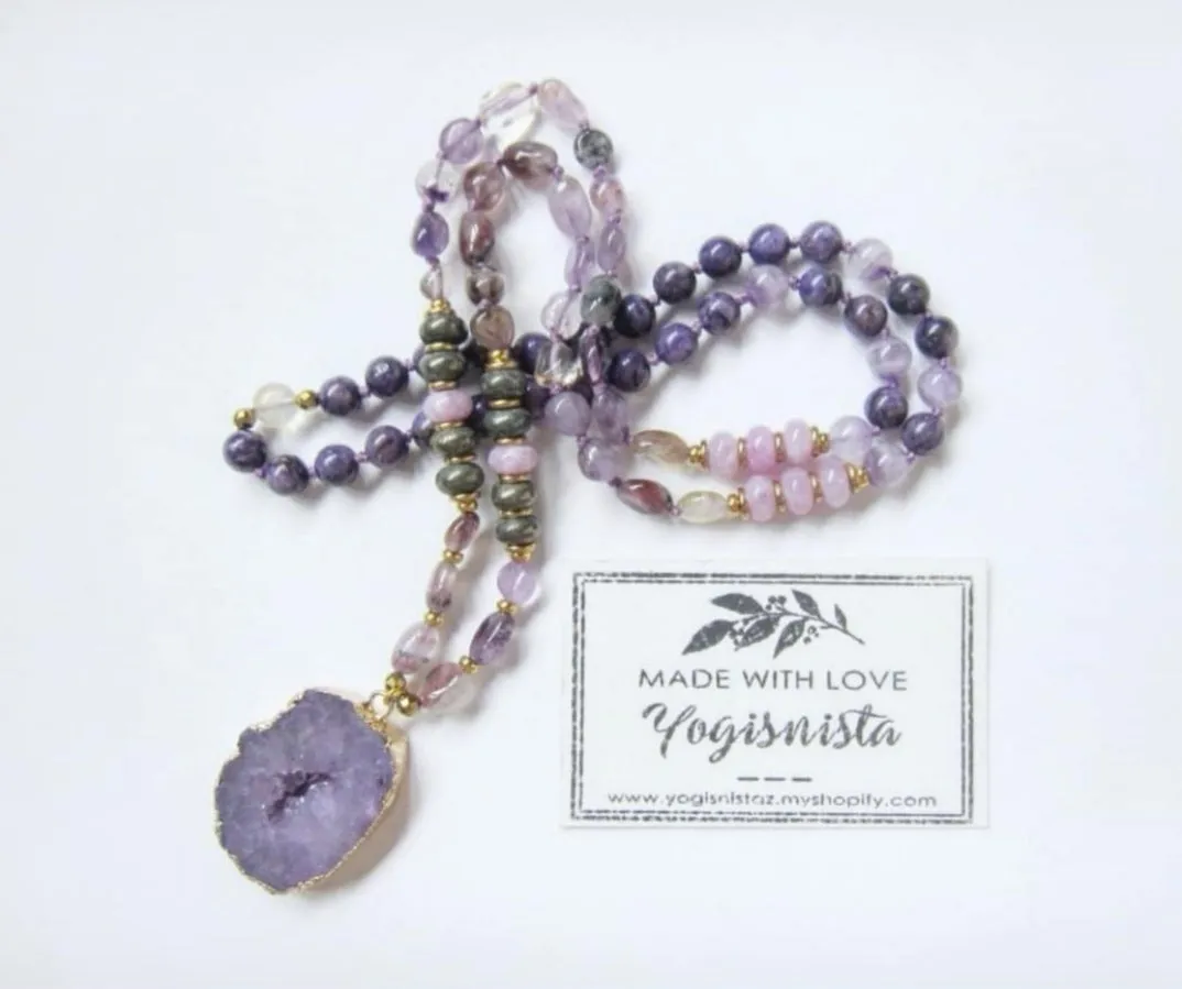 SALE - Ametrine, Amethyst, Charoite, Kunzite, Druzy Pendant Beaded Mala Necklace