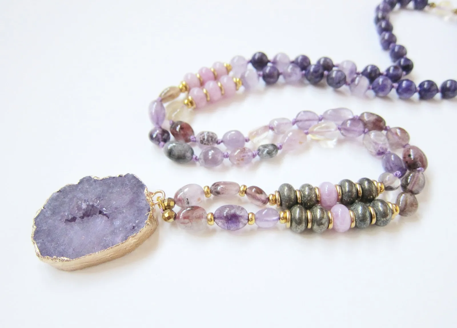 SALE - Ametrine, Amethyst, Charoite, Kunzite, Druzy Pendant Beaded Mala Necklace