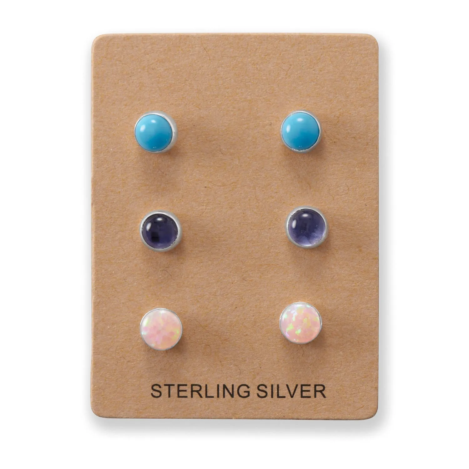 Set of 3 Synthetic Pink Opal, Reconstituted Turquoise, and Iolite Button Studs