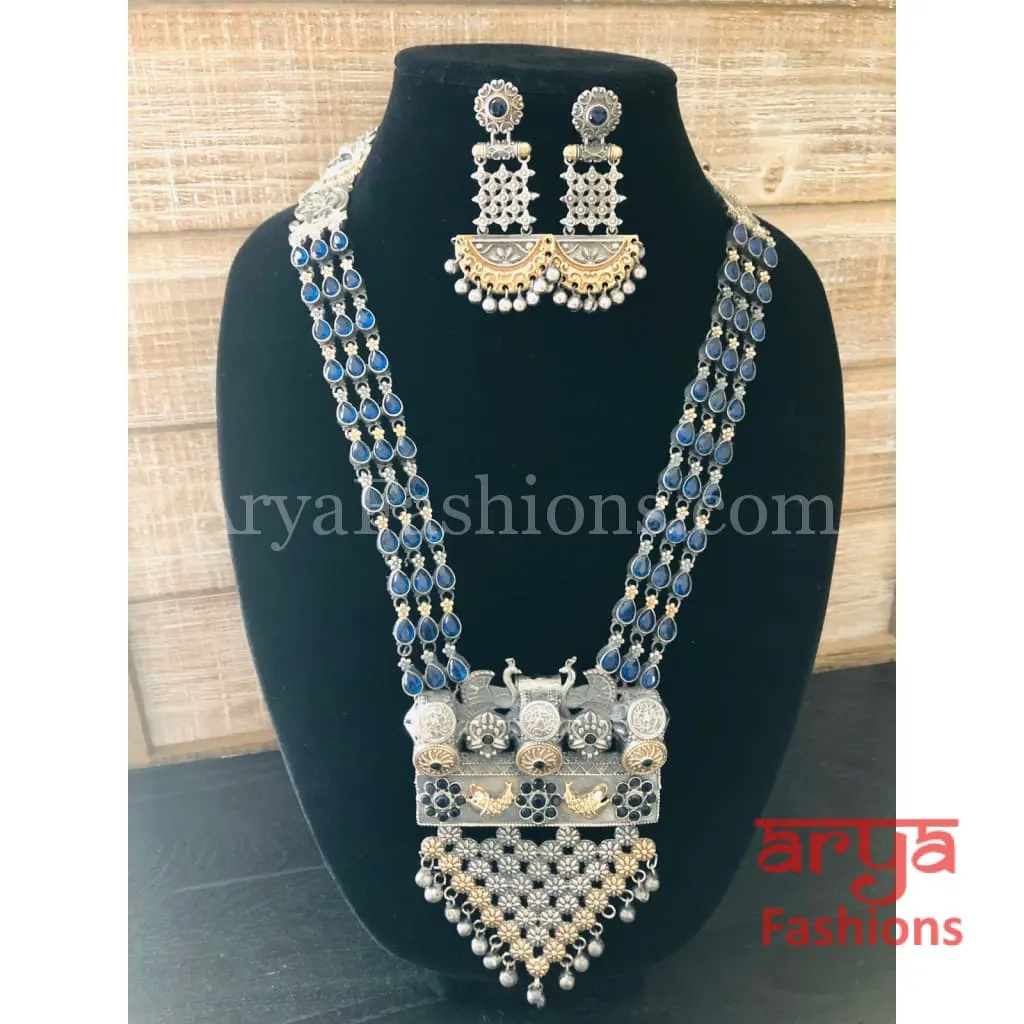 Shina Dual Tone Tribal Silver Oxidized Necklace with multicolor stones