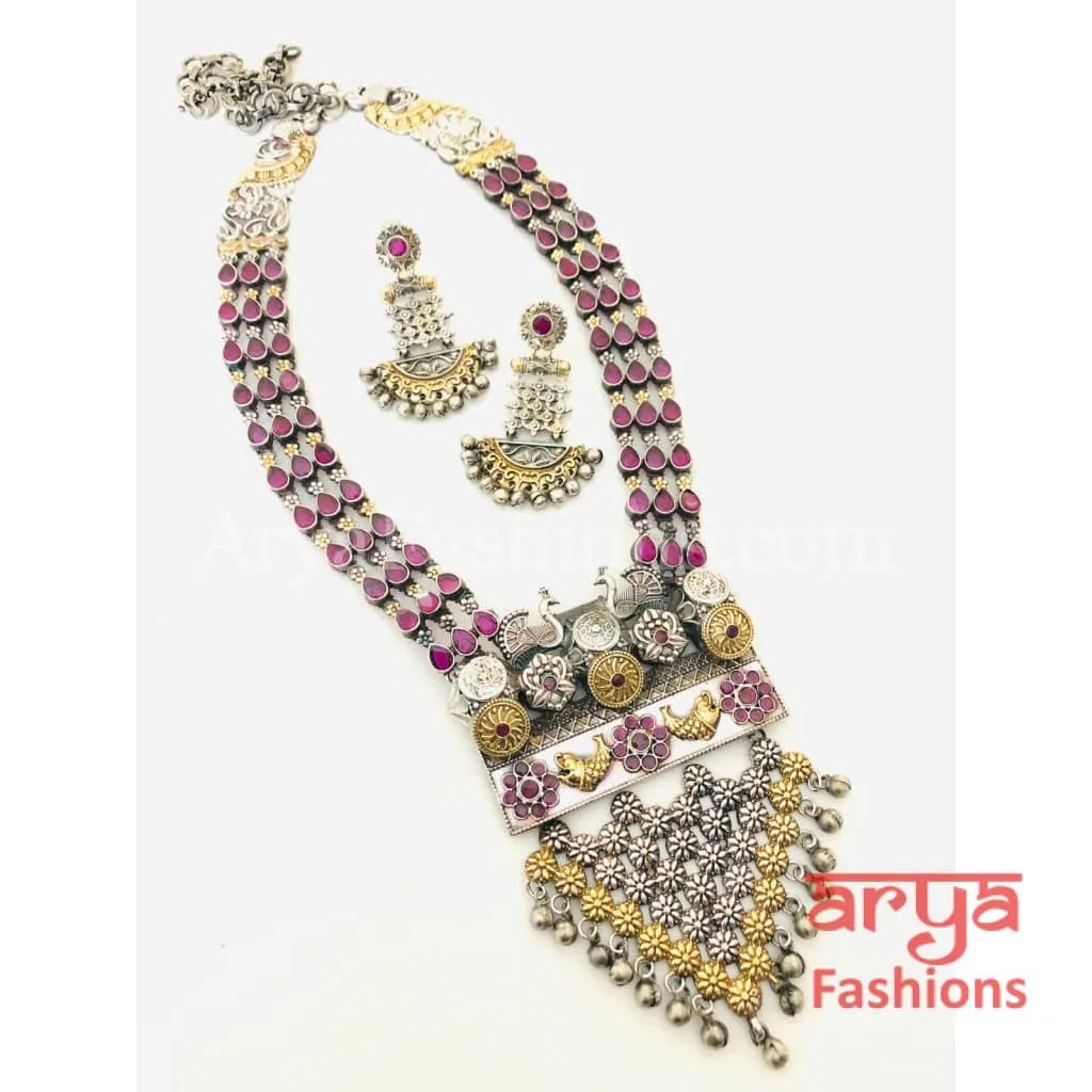 Shina Dual Tone Tribal Silver Oxidized Necklace with multicolor stones