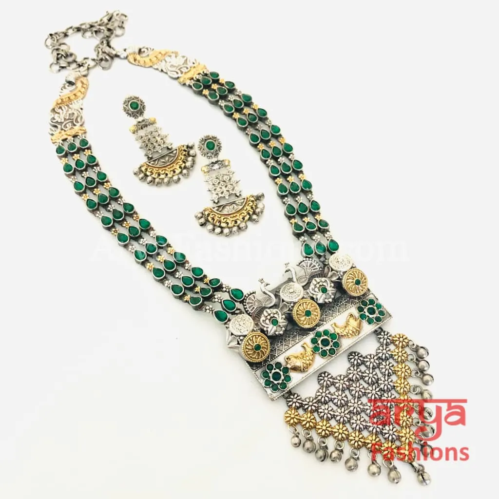 Shina Dual Tone Tribal Silver Oxidized Necklace with multicolor stones