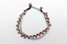 Silver Beads Anklet with Silver Bells in Red