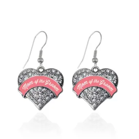 Silver Coral Mom of Groom Pave Heart Charm Dangle Earrings