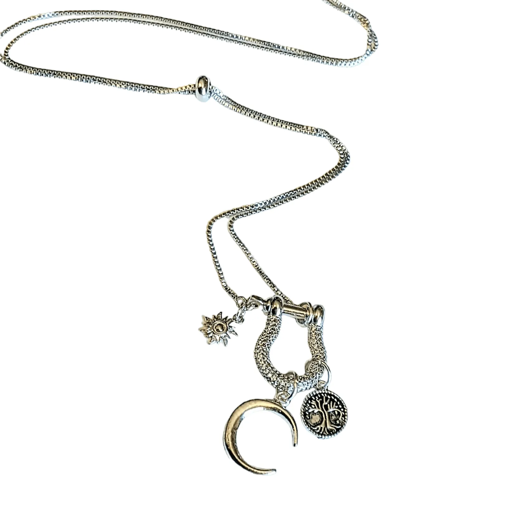 Silver Crescent Moon Tree of Life Necklace, adjustable up to 24 inches