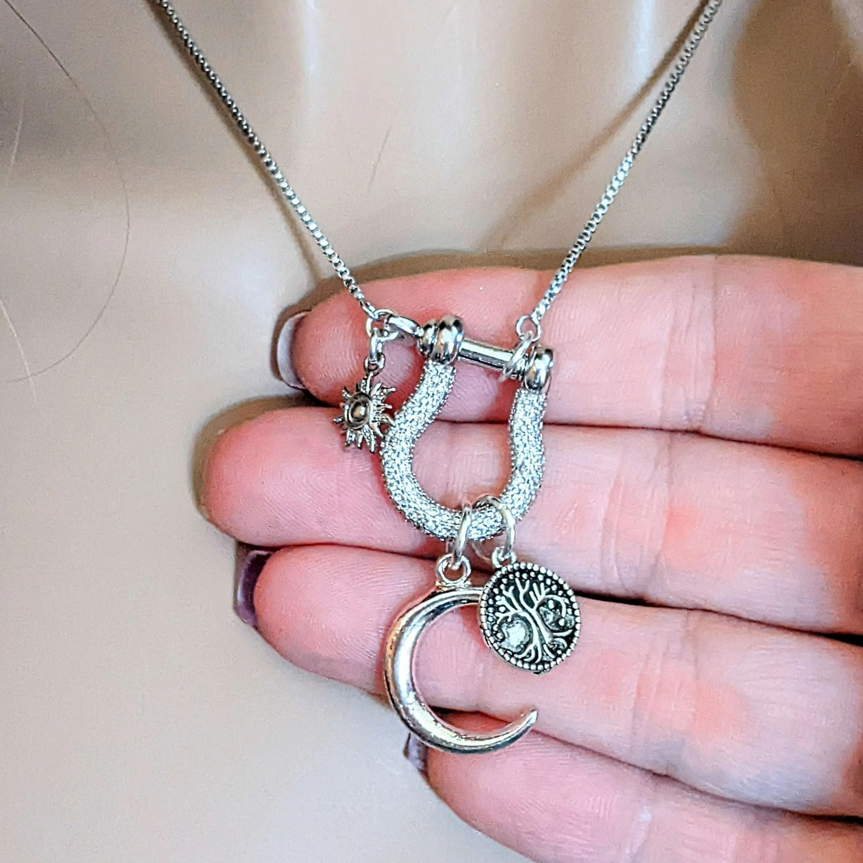 Silver Crescent Moon Tree of Life Necklace, adjustable up to 24 inches