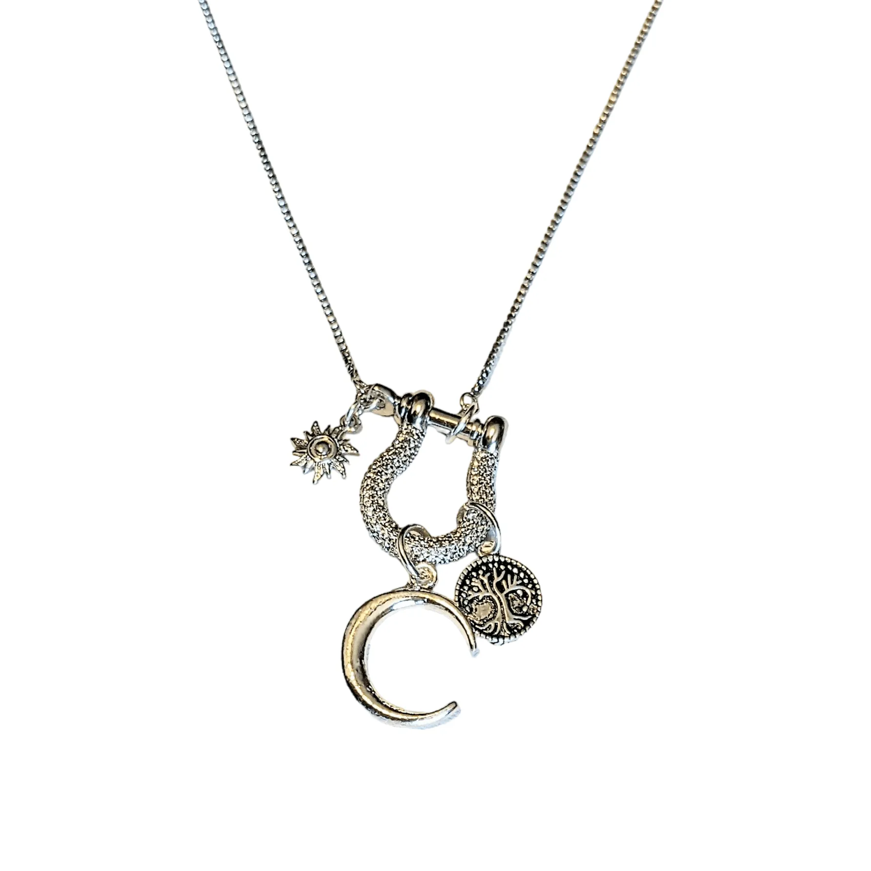 Silver Crescent Moon Tree of Life Necklace, adjustable up to 24 inches