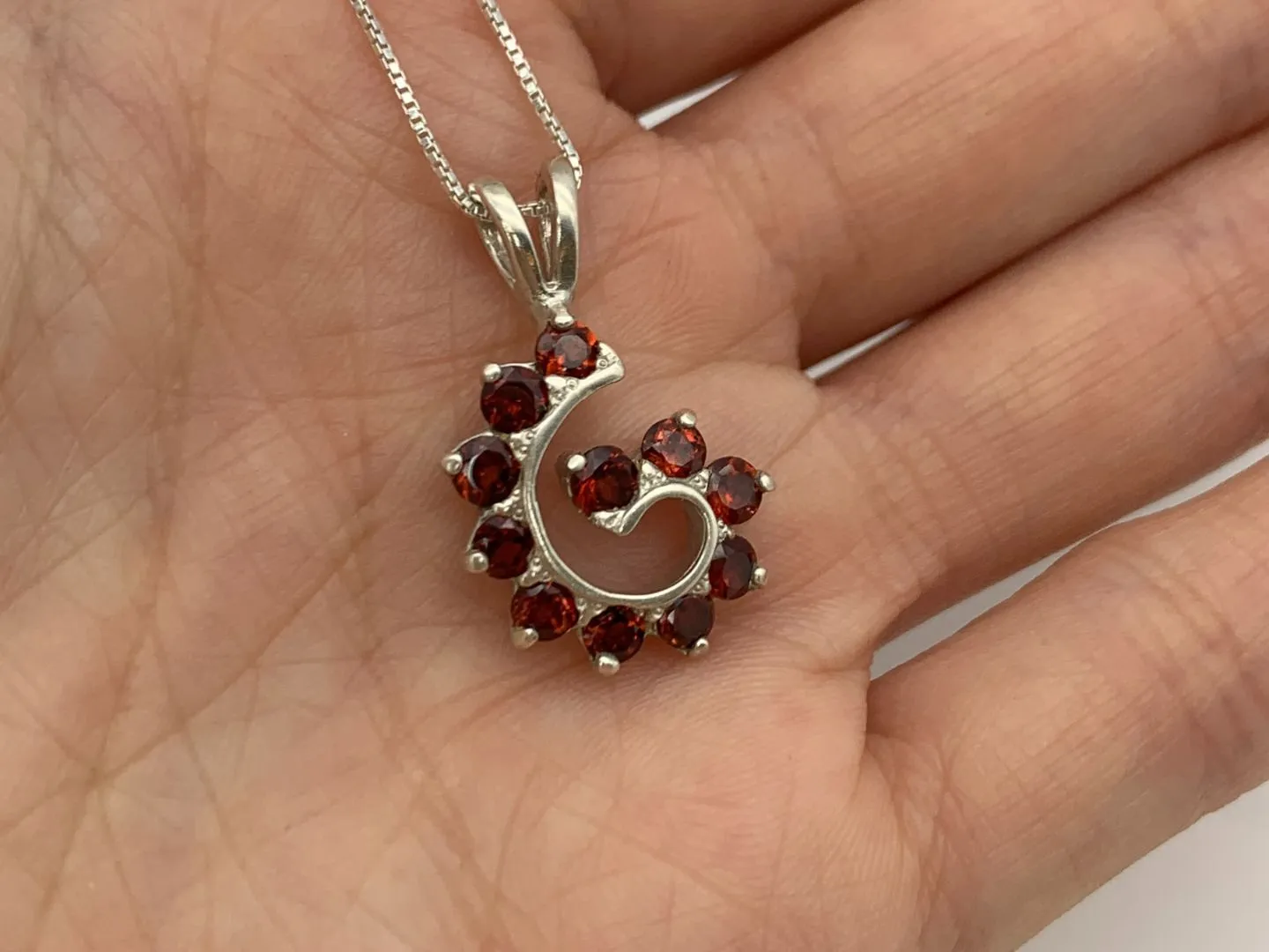 Silver Garnet Pendant - Red Spiral Necklace - Garnet Swirl Necklace