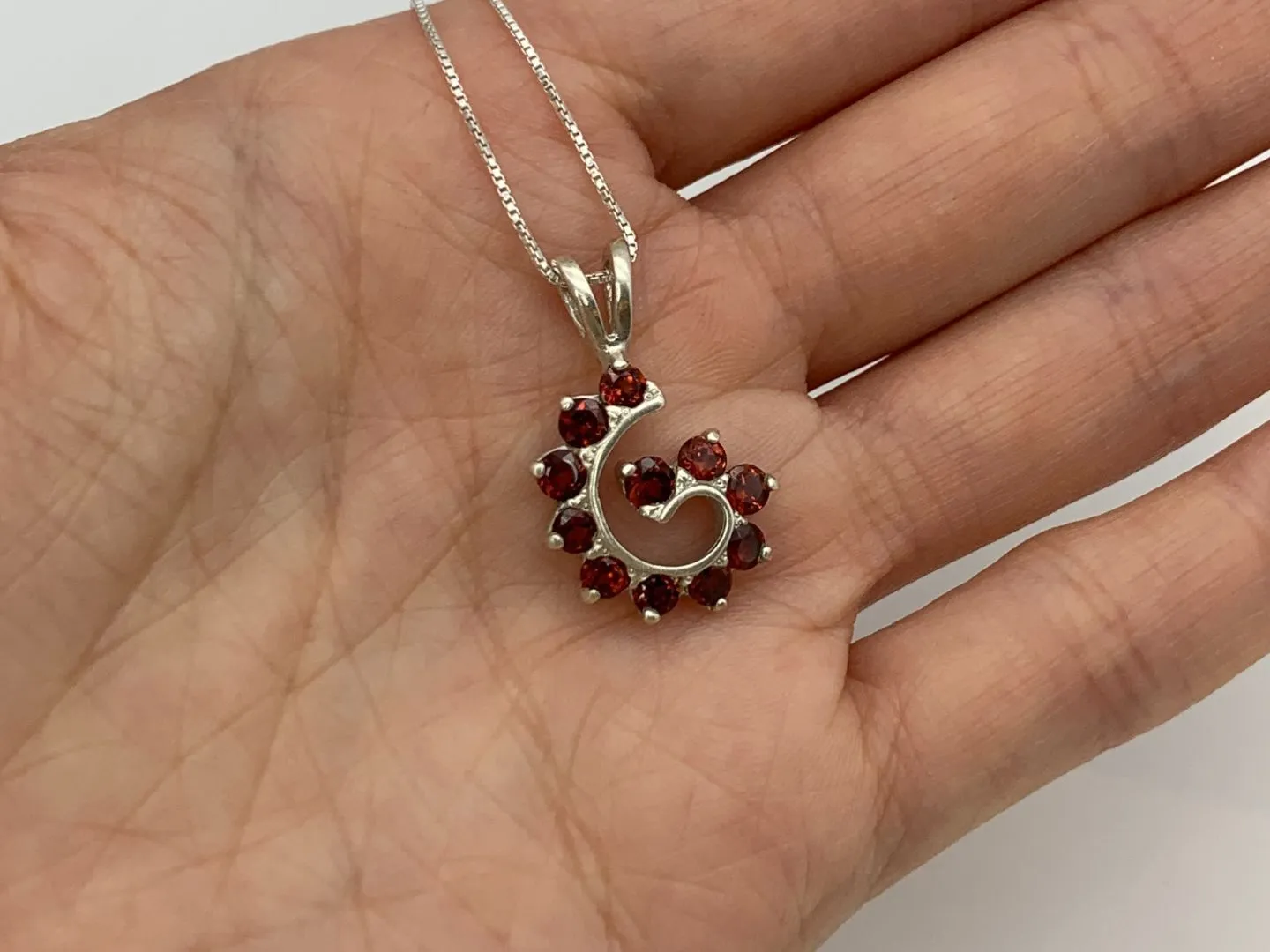 Silver Garnet Pendant - Red Spiral Necklace - Garnet Swirl Necklace