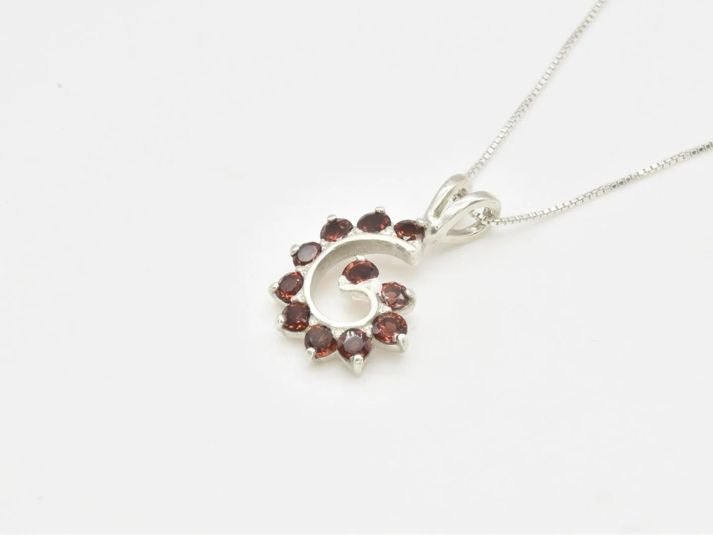 Silver Garnet Pendant - Red Spiral Necklace - Garnet Swirl Necklace