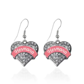 Silver Hermana - Coral Pave Heart Charm Dangle Earrings