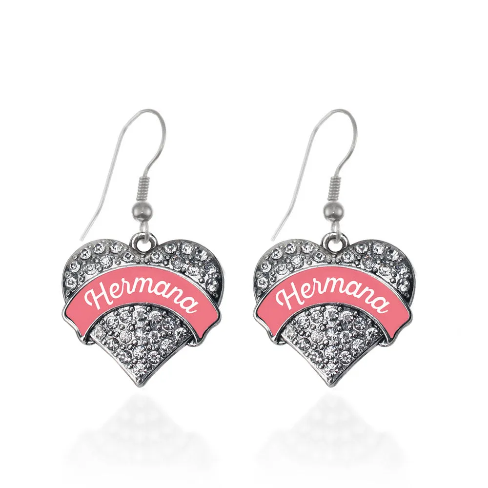 Silver Hermana - Coral Pave Heart Charm Dangle Earrings