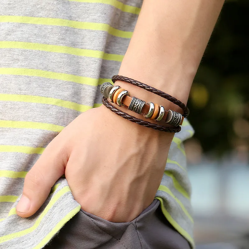 Simple Handmade Beaded Multi-Layer Leather Bracelet European and American Fashion Popular Men Wristband Bracelet