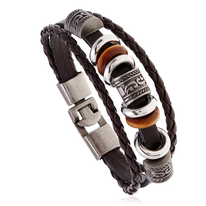 Simple Handmade Beaded Multi-Layer Leather Bracelet European and American Fashion Popular Men Wristband Bracelet