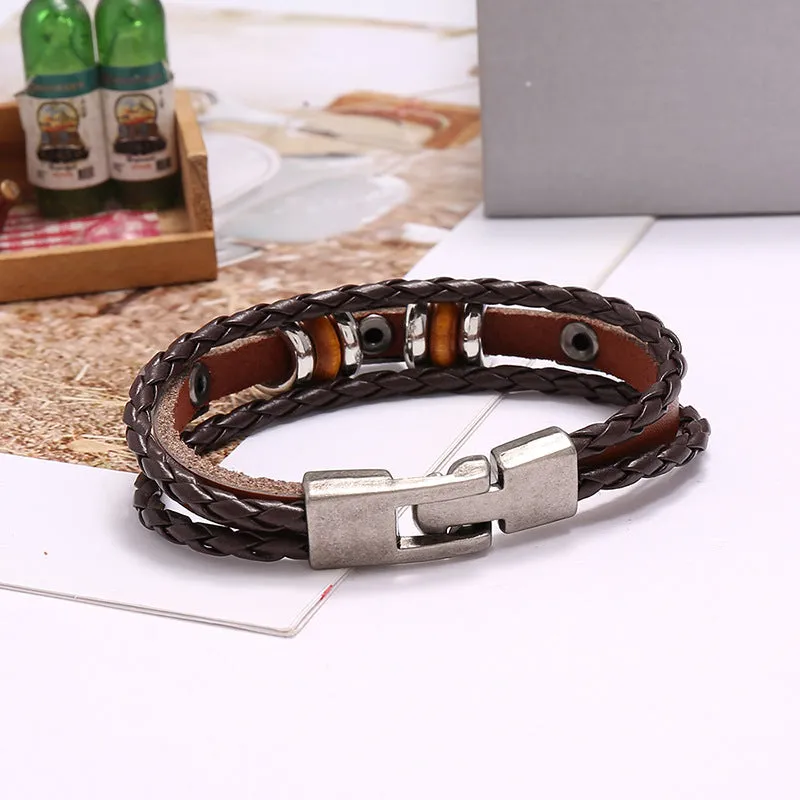 Simple Handmade Beaded Multi-Layer Leather Bracelet European and American Fashion Popular Men Wristband Bracelet