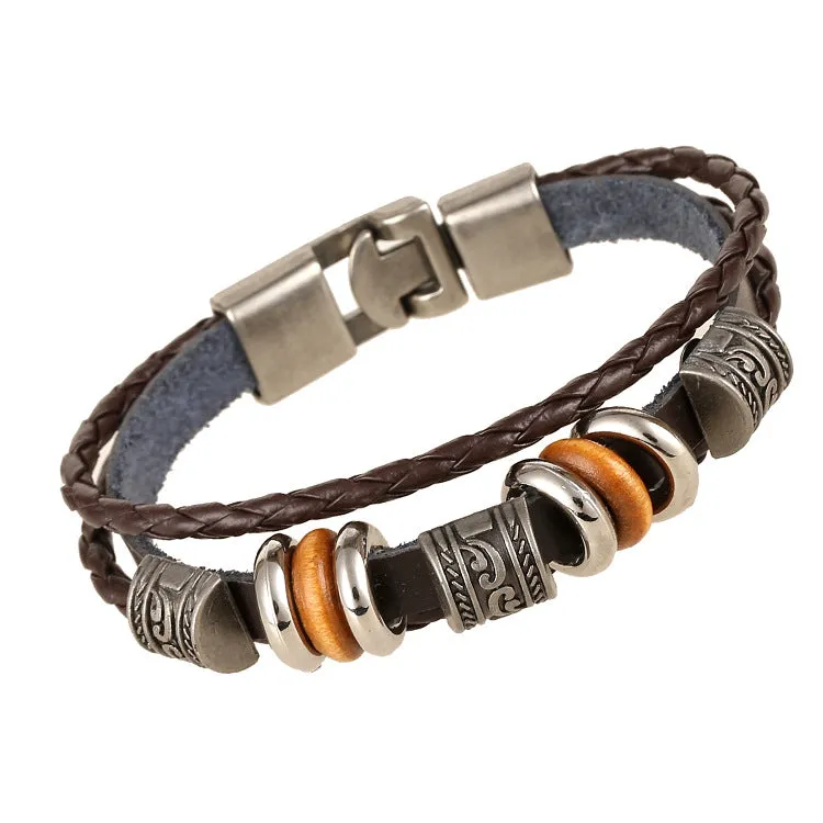 Simple Handmade Beaded Multi-Layer Leather Bracelet European and American Fashion Popular Men Wristband Bracelet