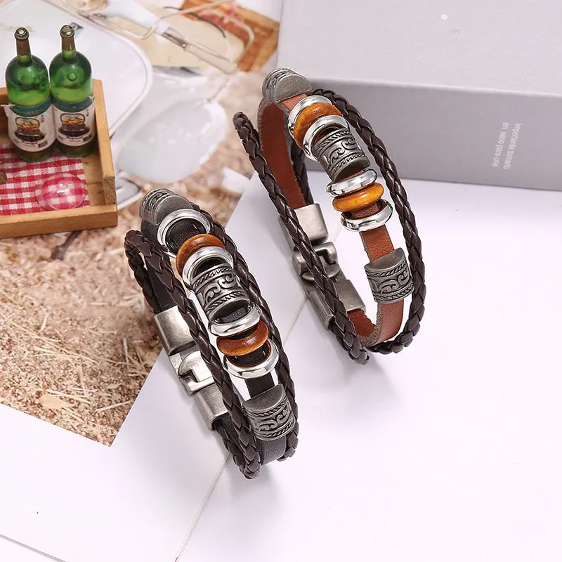 Simple Handmade Beaded Multi-Layer Leather Bracelet European and American Fashion Popular Men Wristband Bracelet