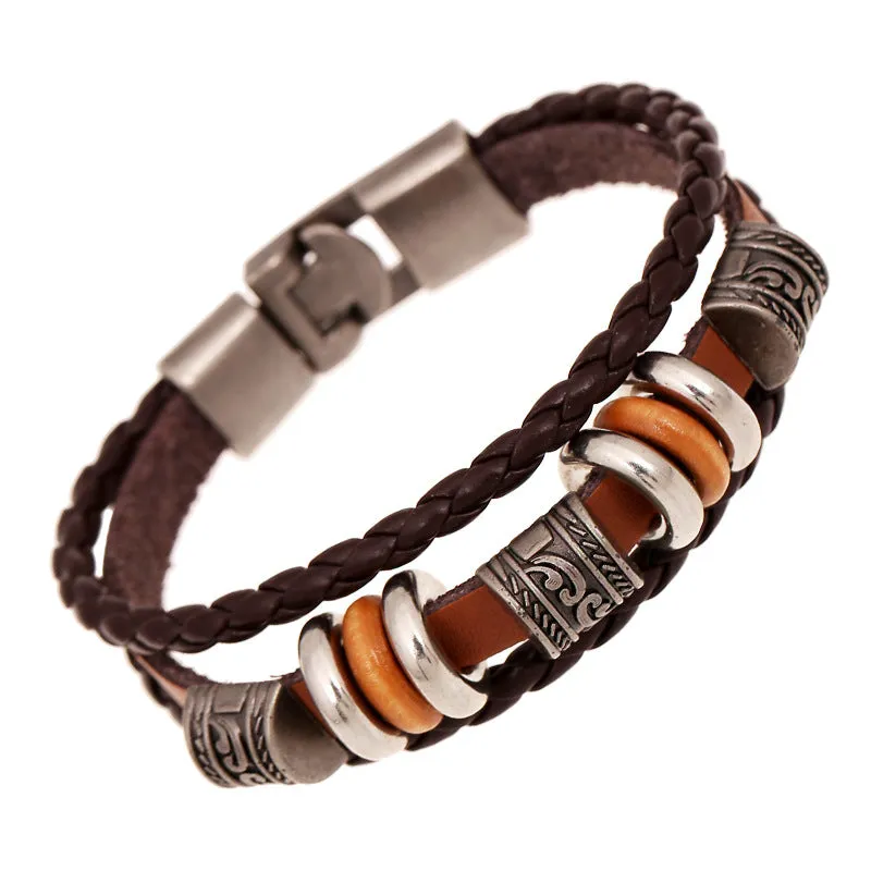 Simple Handmade Beaded Multi-Layer Leather Bracelet European and American Fashion Popular Men Wristband Bracelet