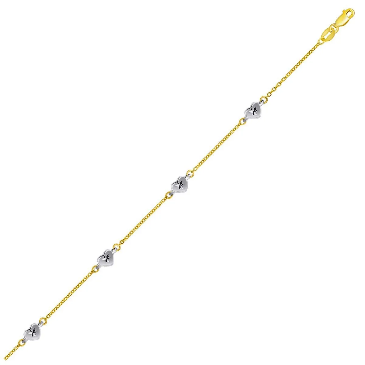 Size: 10'' - 14k Two Tone Gold Anklet with Diamond Cut Heart Style Stations