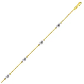 Size: 10'' - 14k Two Tone Gold Anklet with Diamond Cut Heart Style Stations