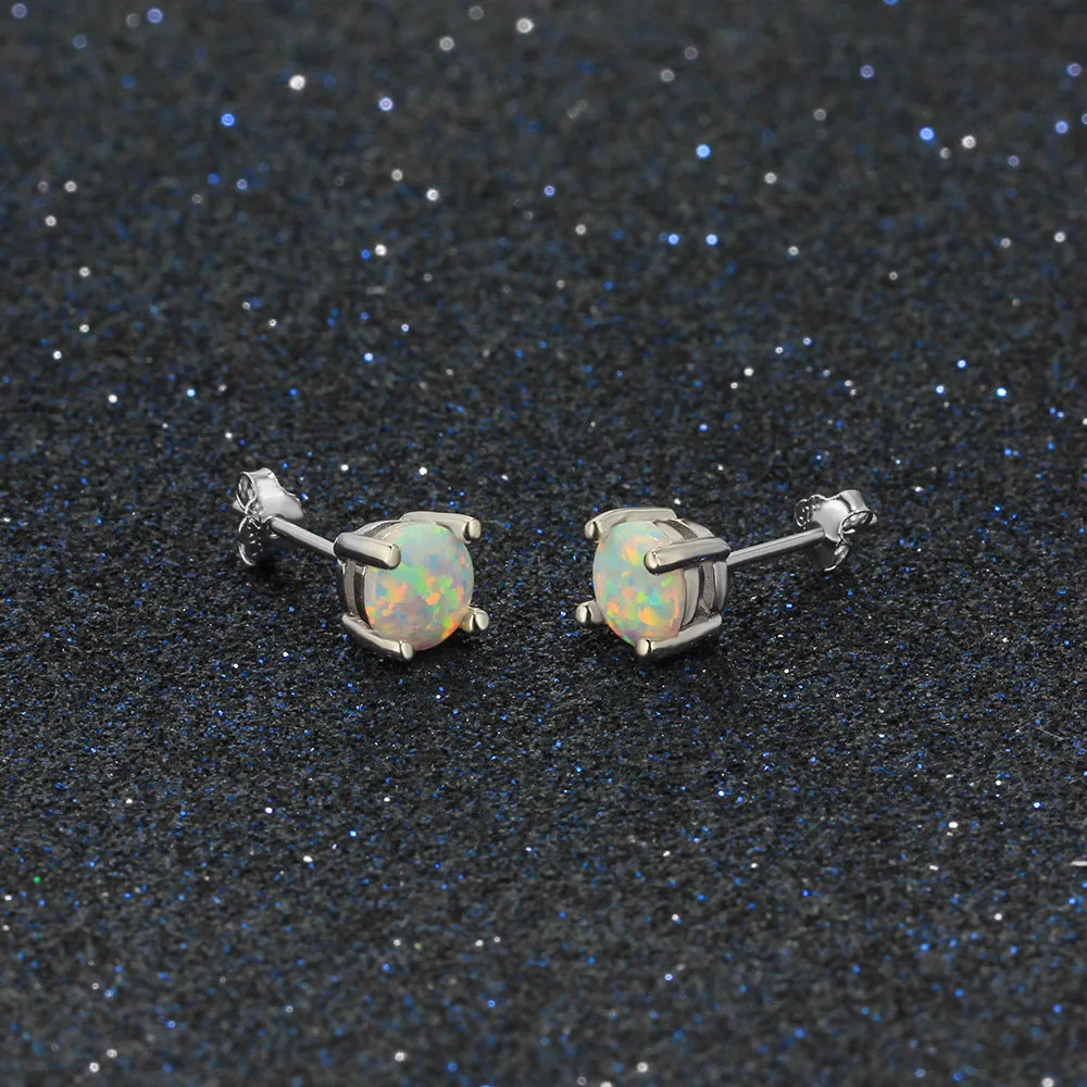 Solitaire 6mm Round Opal Sterling Silver Stud Earrings