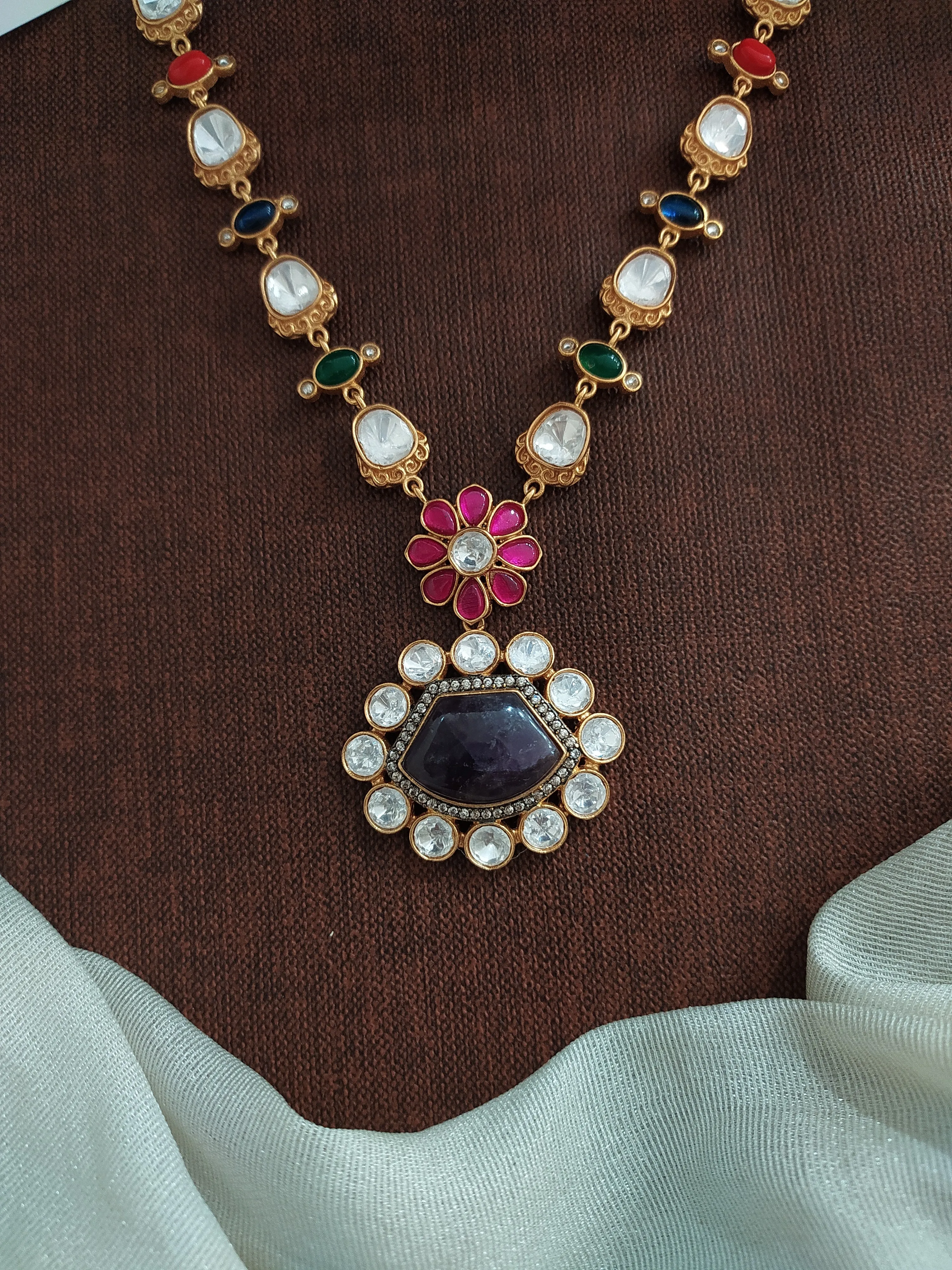 Statement Necklace Set with Real-Look Gemstones – Moissanite, Quartz, and Jadau Kundan Stones