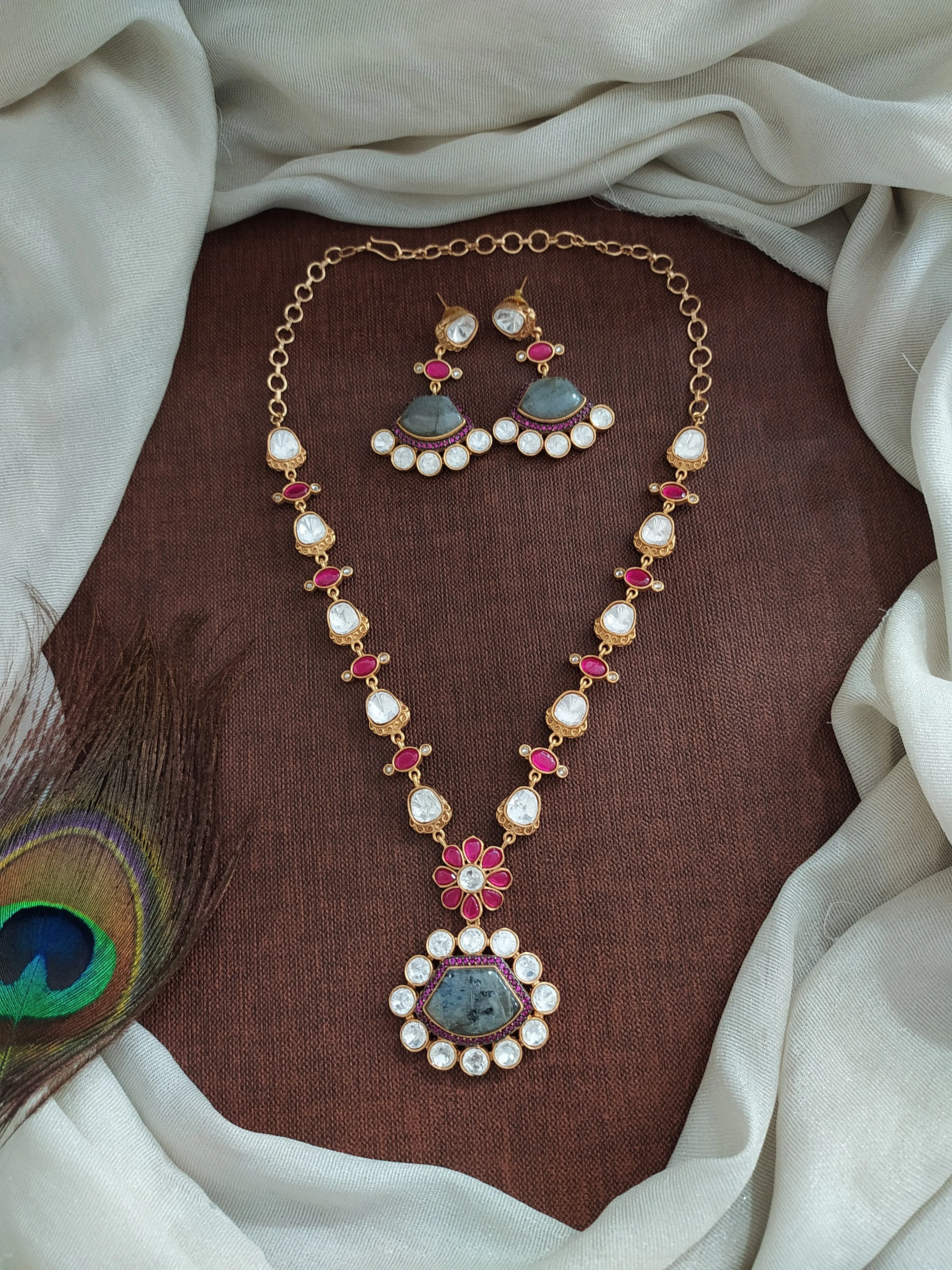 Statement Necklace Set with Real-Look Gemstones – Moissanite, Quartz, and Jadau Kundan Stones