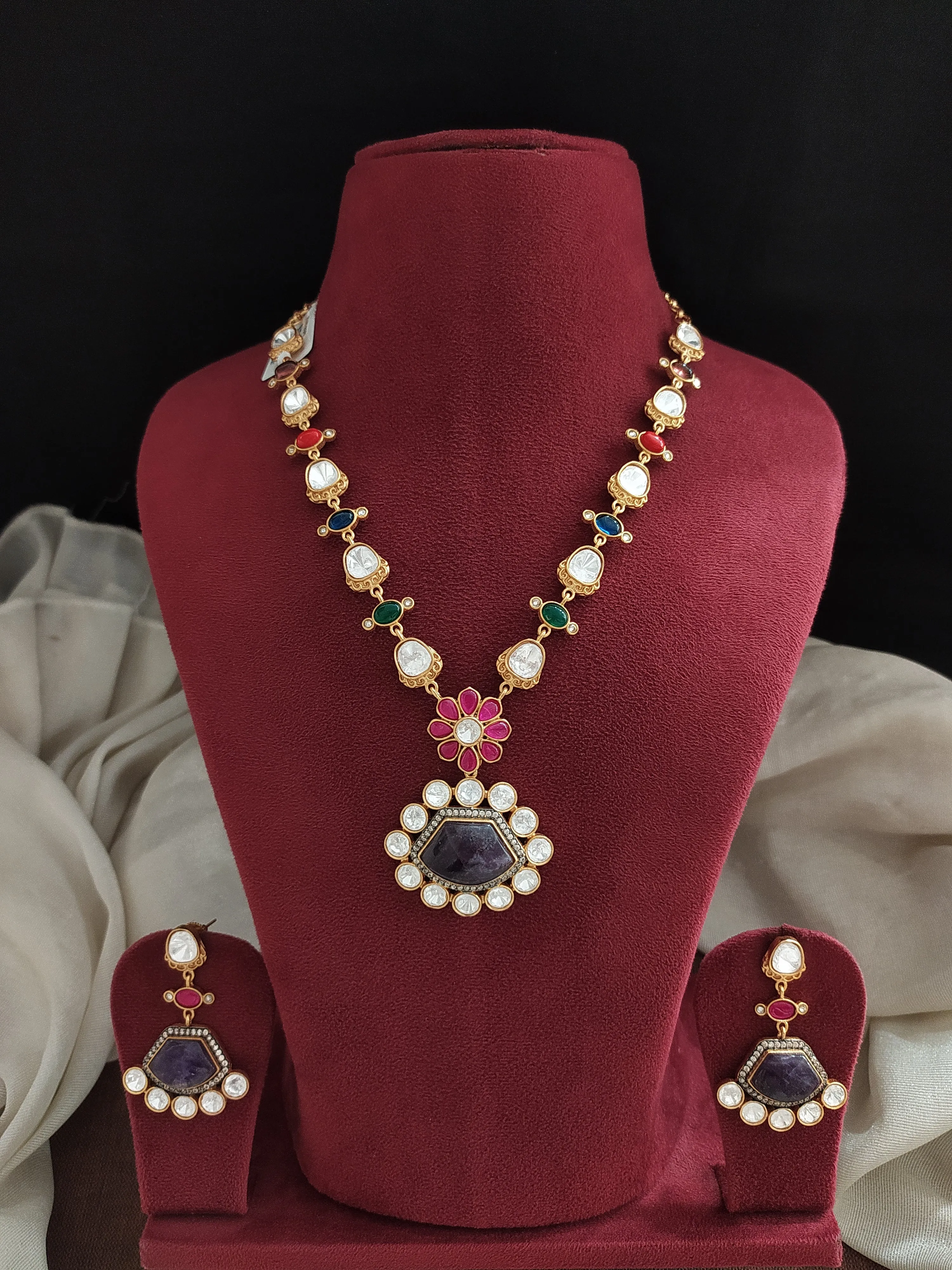 Statement Necklace Set with Real-Look Gemstones – Moissanite, Quartz, and Jadau Kundan Stones