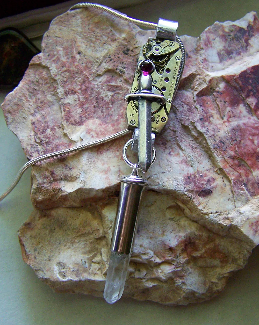 Steampunk Mechanical Watchworks Silver Dagger Quartz Bullet Necklace