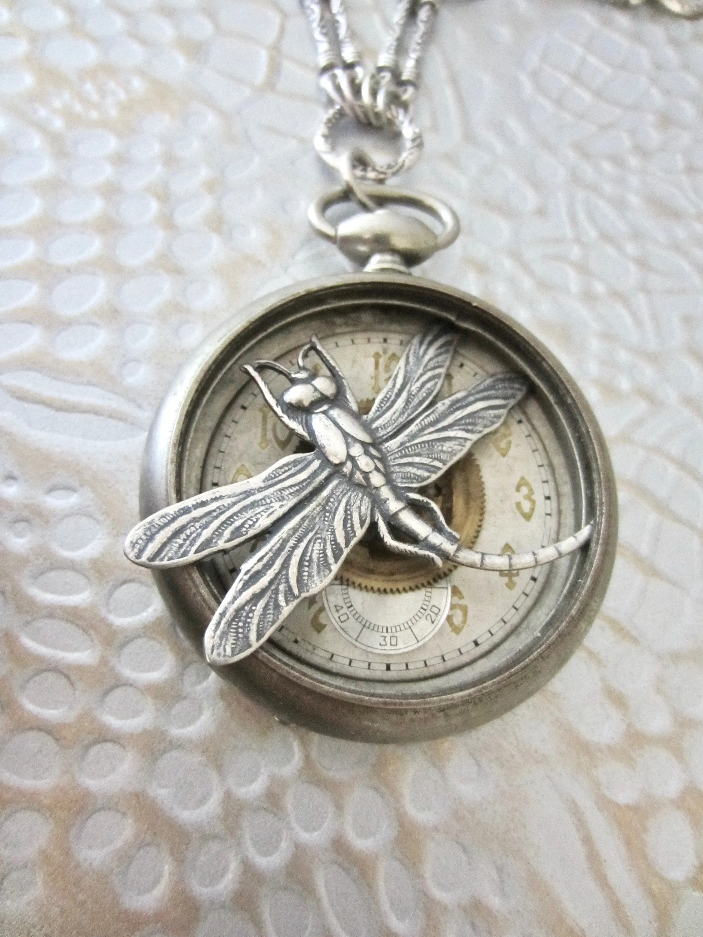 Steampunk Necklace - "In the Works" - Pocket Watch Case- Dragonfly Pendant- Necklace - Upcycled wearable art