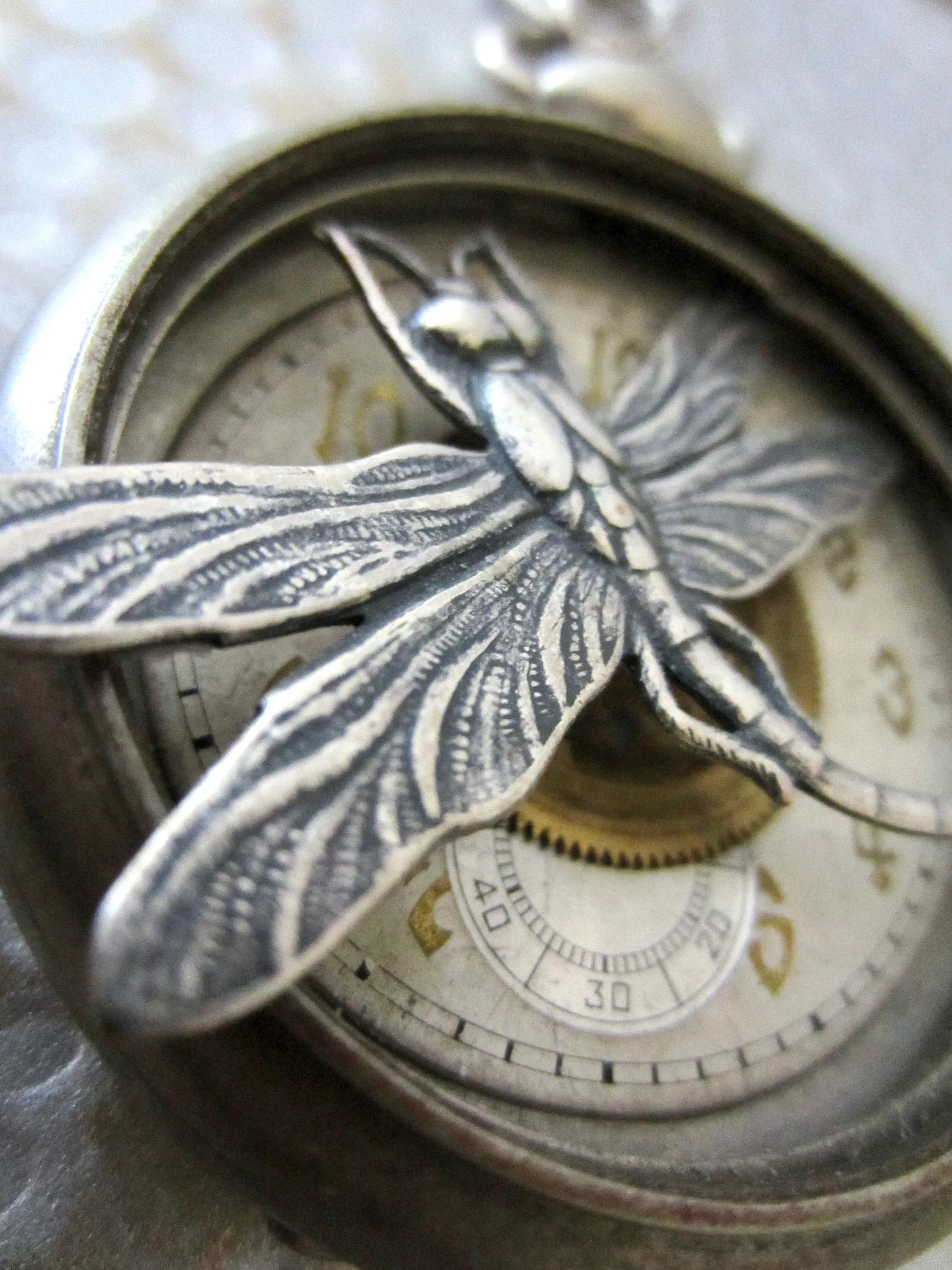 Steampunk Necklace - "In the Works" - Pocket Watch Case- Dragonfly Pendant- Necklace - Upcycled wearable art