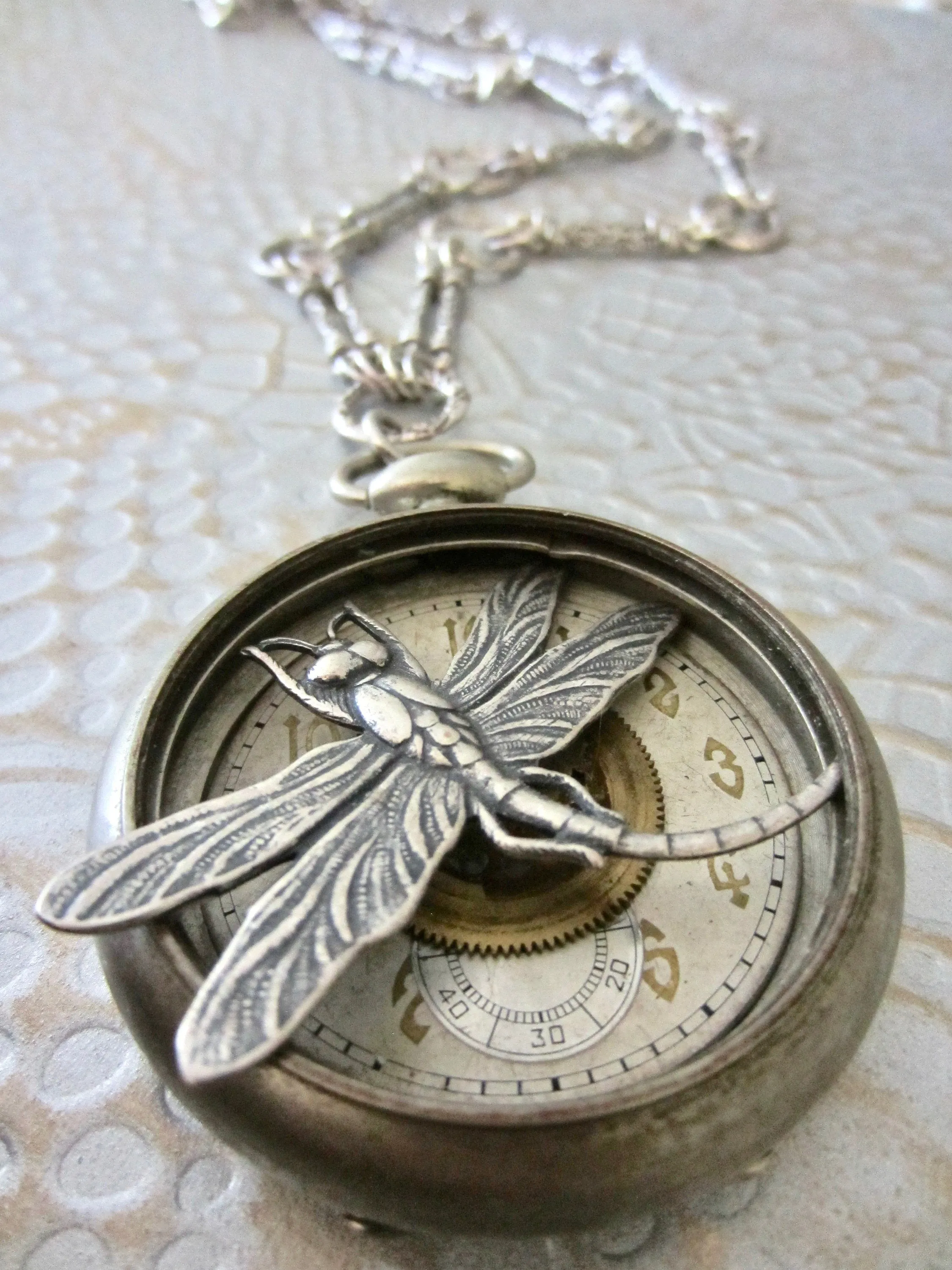 Steampunk Necklace - "In the Works" - Pocket Watch Case- Dragonfly Pendant- Necklace - Upcycled wearable art