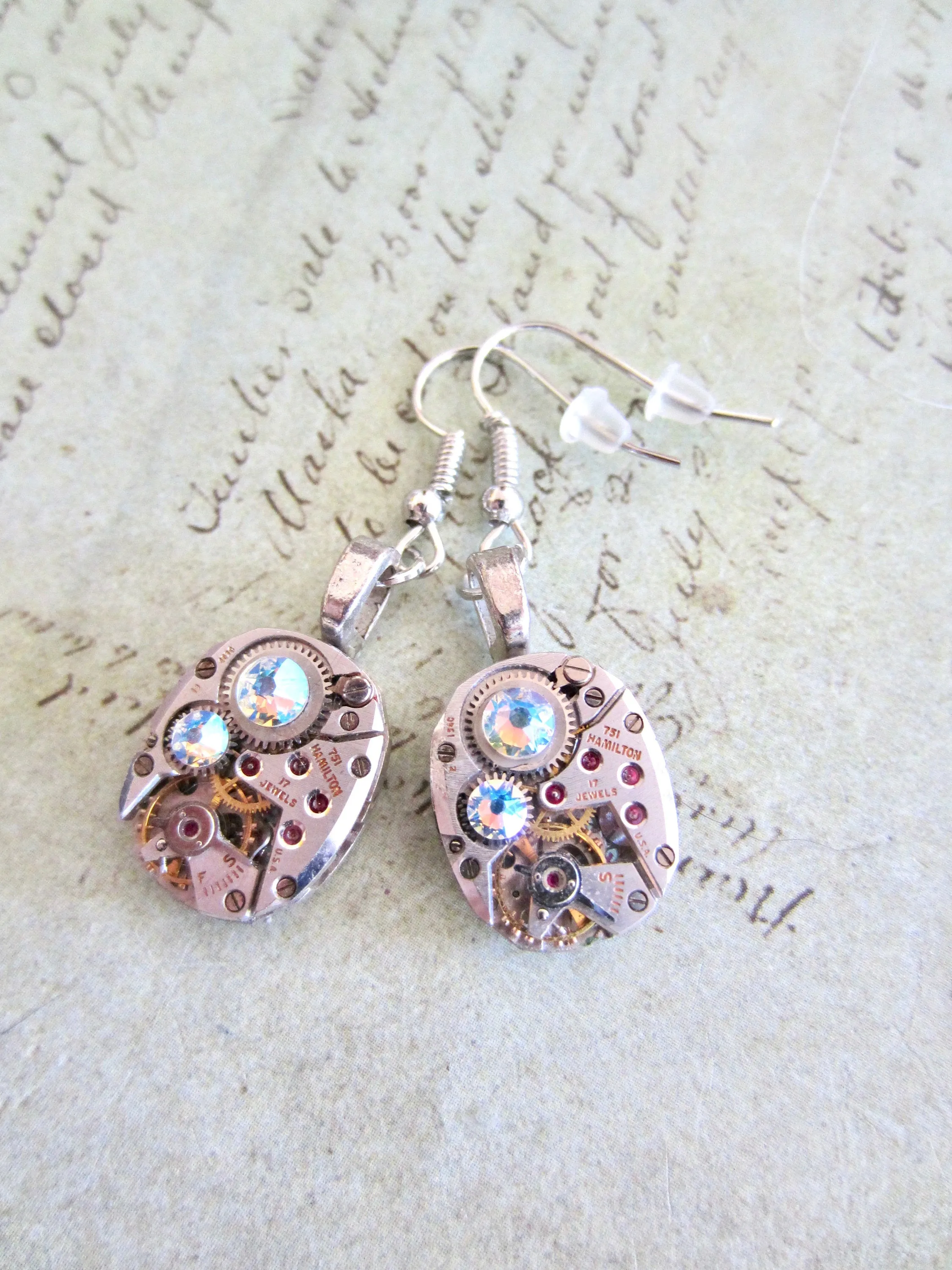 Steampunk watch earrings - Almost Time  - Steampunk Earrings - Sapphire shimmer - Repurposed art