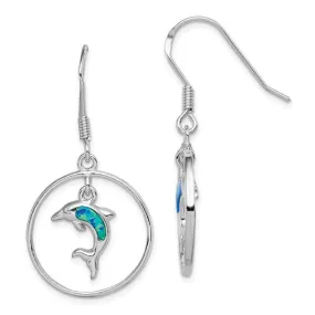 Sterling Silver Circle With Blue Opal Dolphin Dangle Earrings