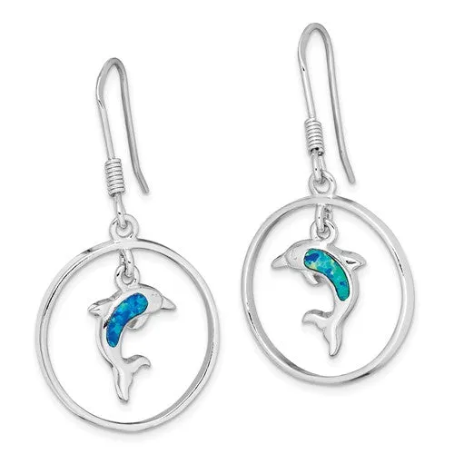 Sterling Silver Circle With Blue Opal Dolphin Dangle Earrings