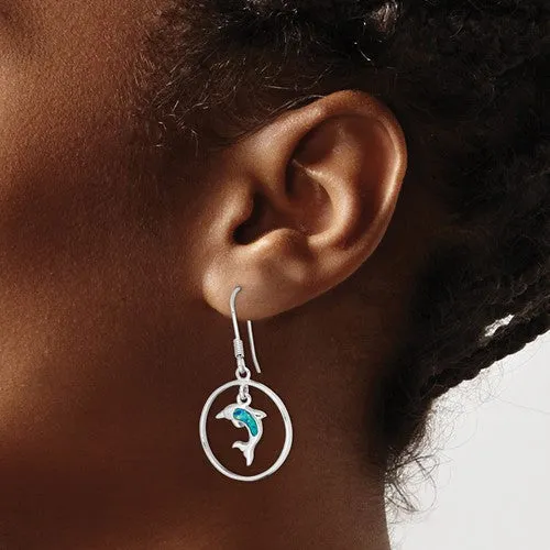 Sterling Silver Circle With Blue Opal Dolphin Dangle Earrings