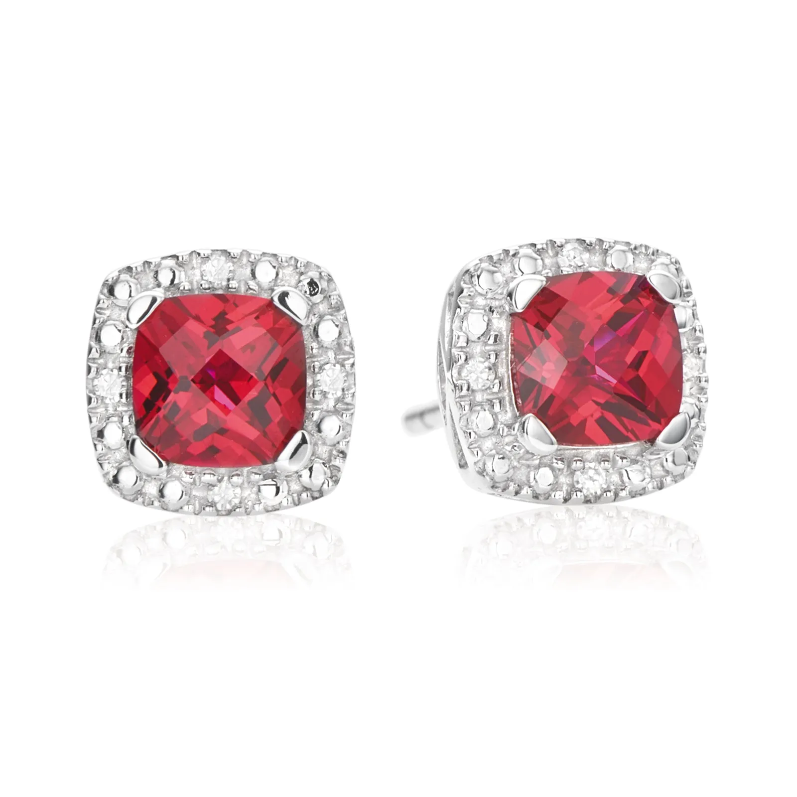 Sterling Silver Cushion & Round Brilliant Cut Created Ruby & Diamond Set Stud Earrings