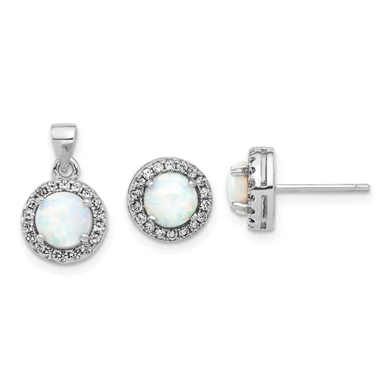 Sterling Silver CZ and Created Opal Halo Pendant and Earring Set