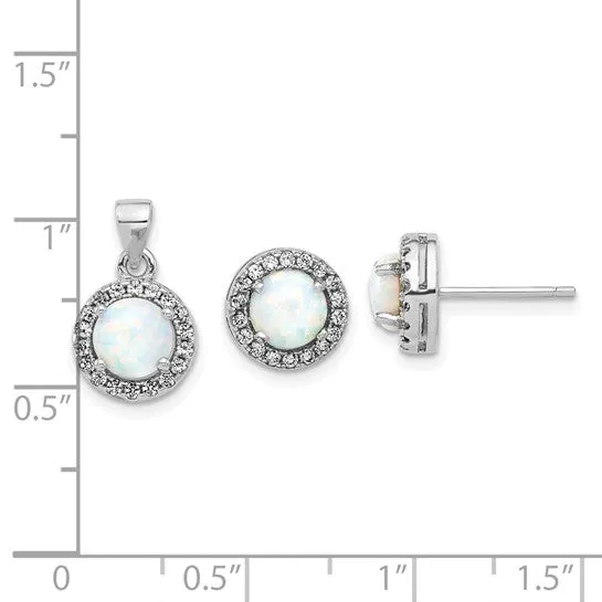 Sterling Silver CZ and Created Opal Halo Pendant and Earring Set