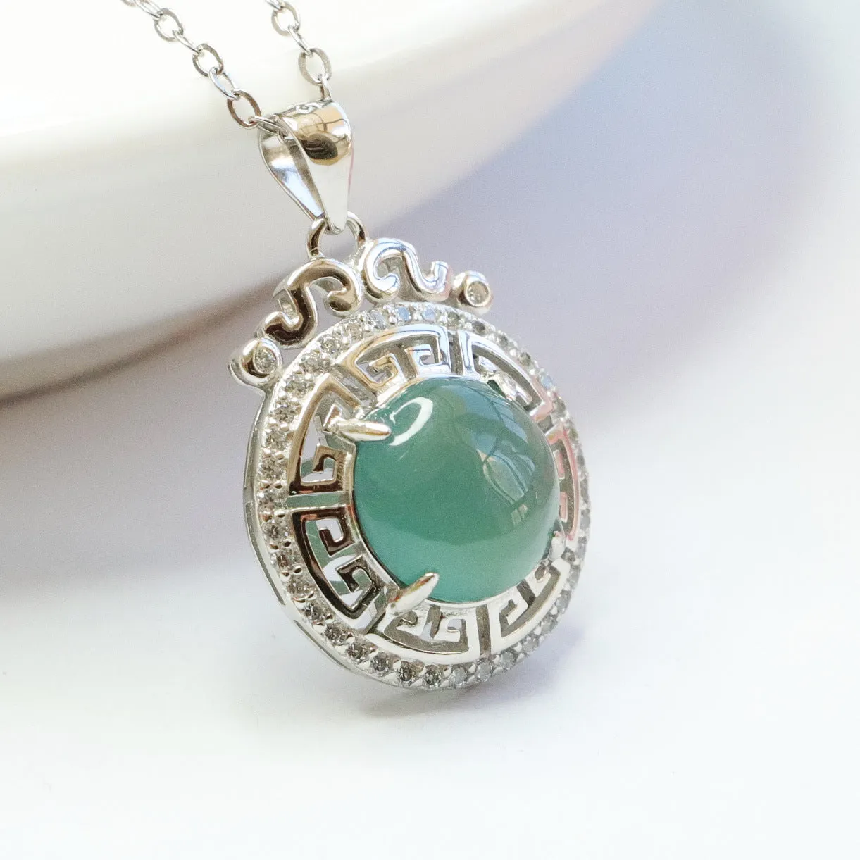 Sterling Silver Necklace with Natural Jade Beads and Hollow Circle Pendant