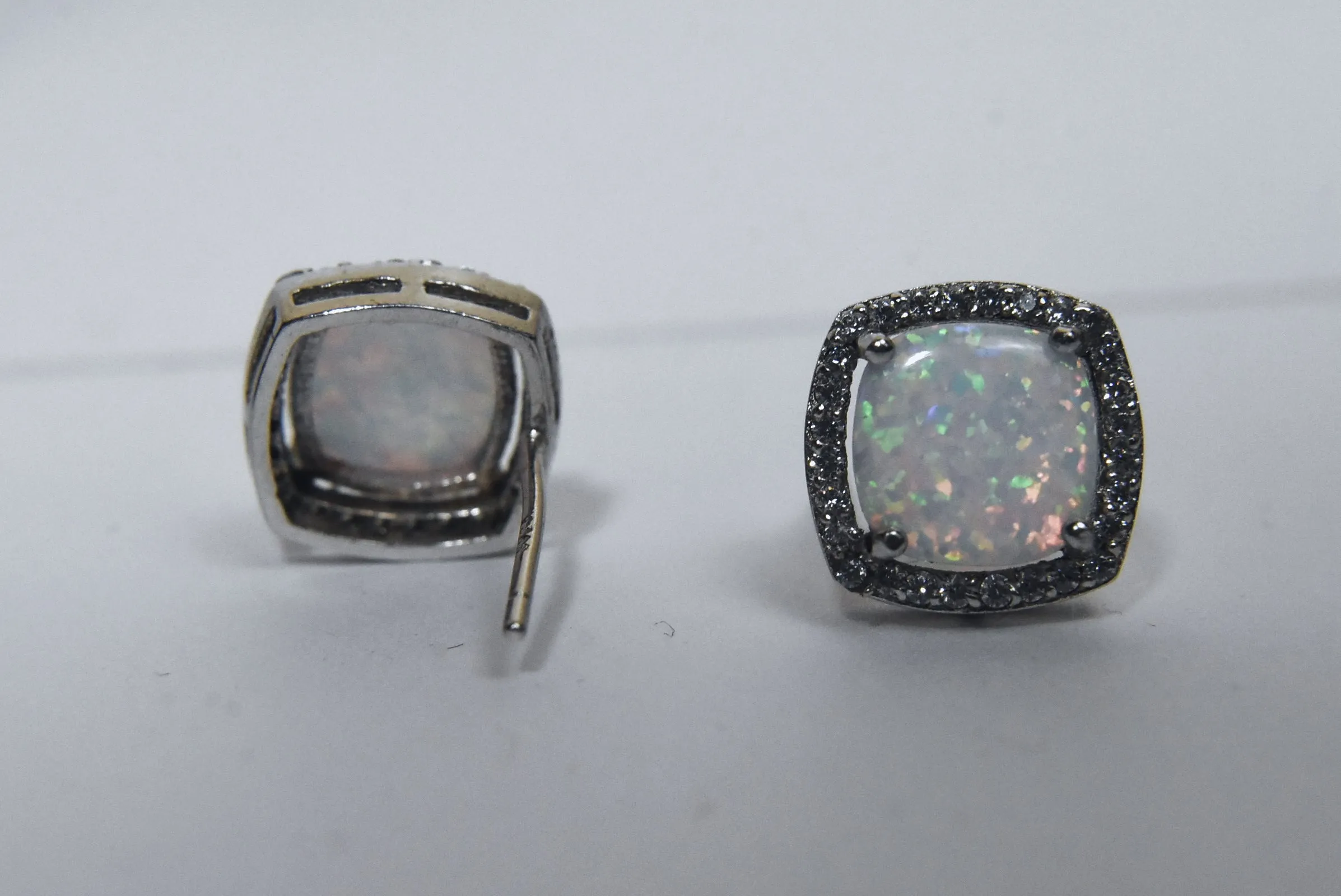 Sterling Silver White Opal Cushion Cut Stud Earrings