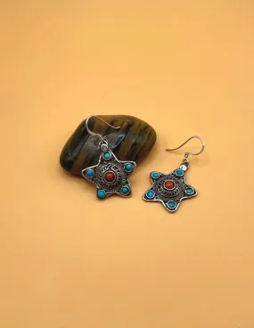 Sterling Sliver Tibetan Turquoise and Coral Star Earrings