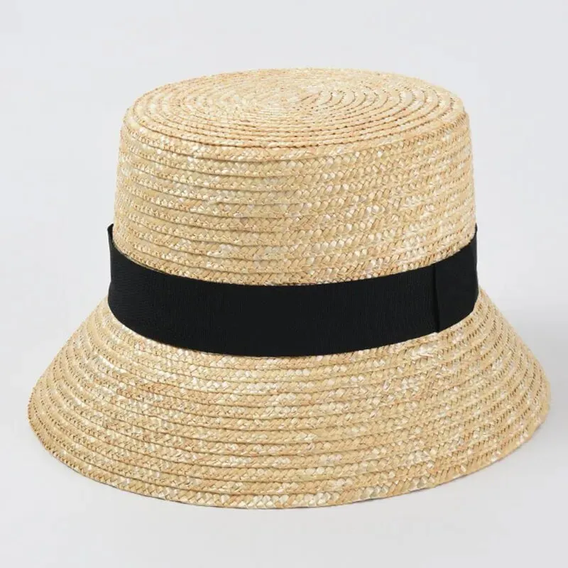 Straw Bucket Hat With Classic Black Ribbon