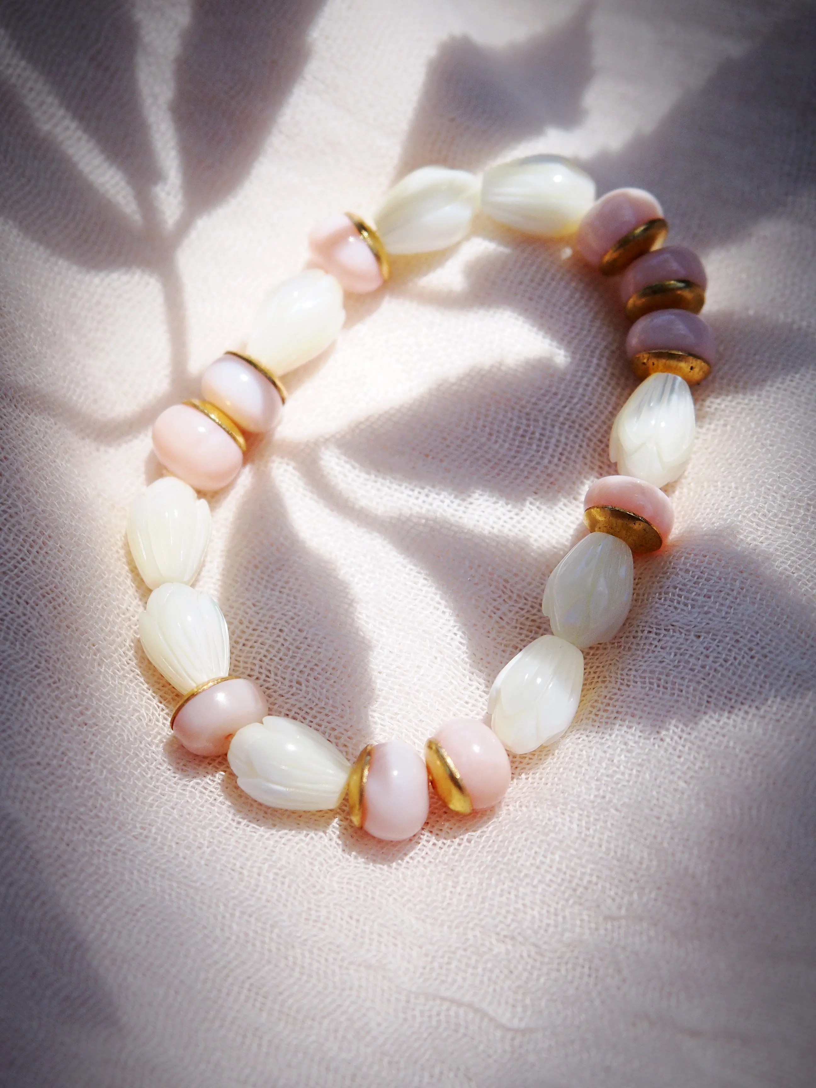 Stretchy Pink Opal and Pikake Bracelet - Aonani