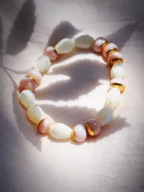 Stretchy Pink Opal and Pikake Bracelet - Aonani